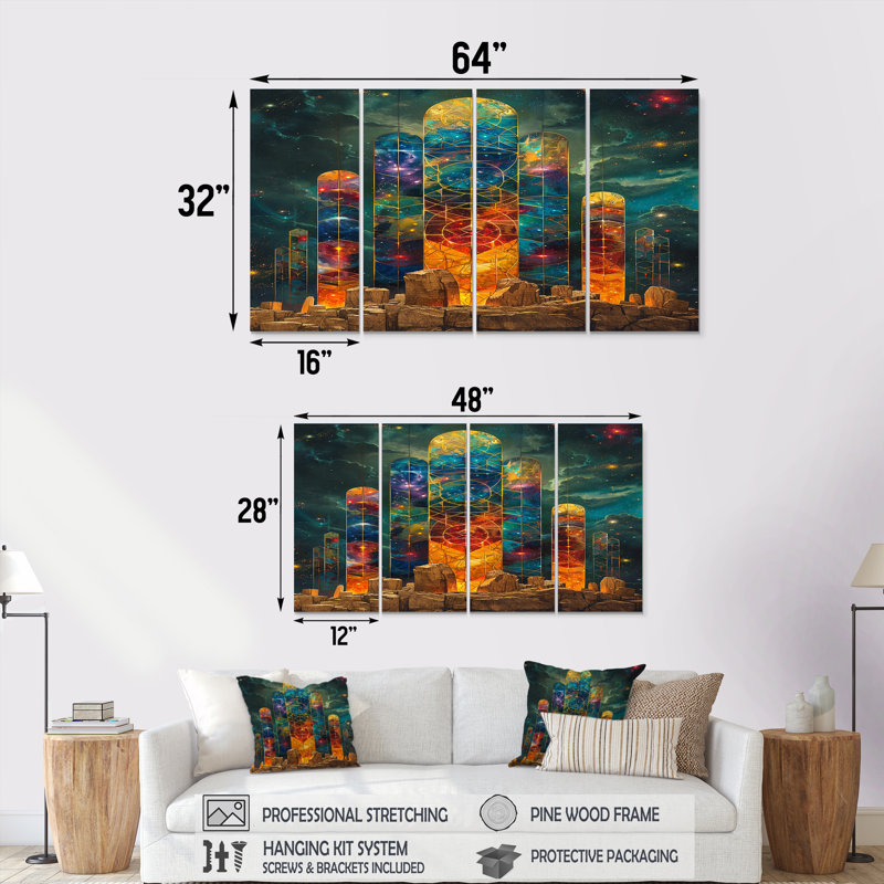 4 pièces d'art sur toile, pilier de cristal, mystère antique - paysages spatiaux, H 28 po x l 48 po