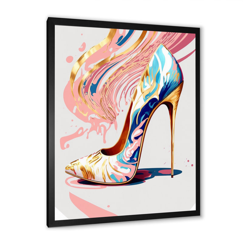 «Pink and Blue Deco High Heel Shoes I», impression sur toile, Cadre photo noir, H 20 po x l 12 po x P 1 po