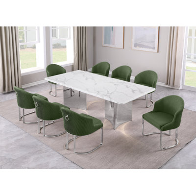 Grand White Marble Dining Set With Teddy Fabric Side Chairs