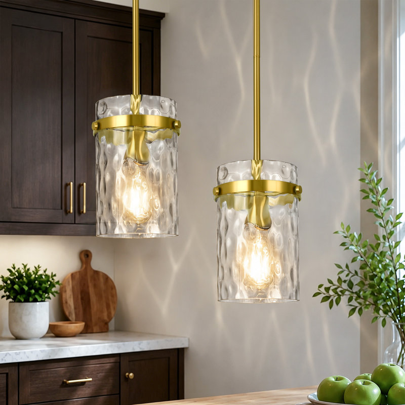 Levona 1 - Light Large Kitchen Island Pendant With Clear Hammered Glass Shade(Set Of 2), Gold