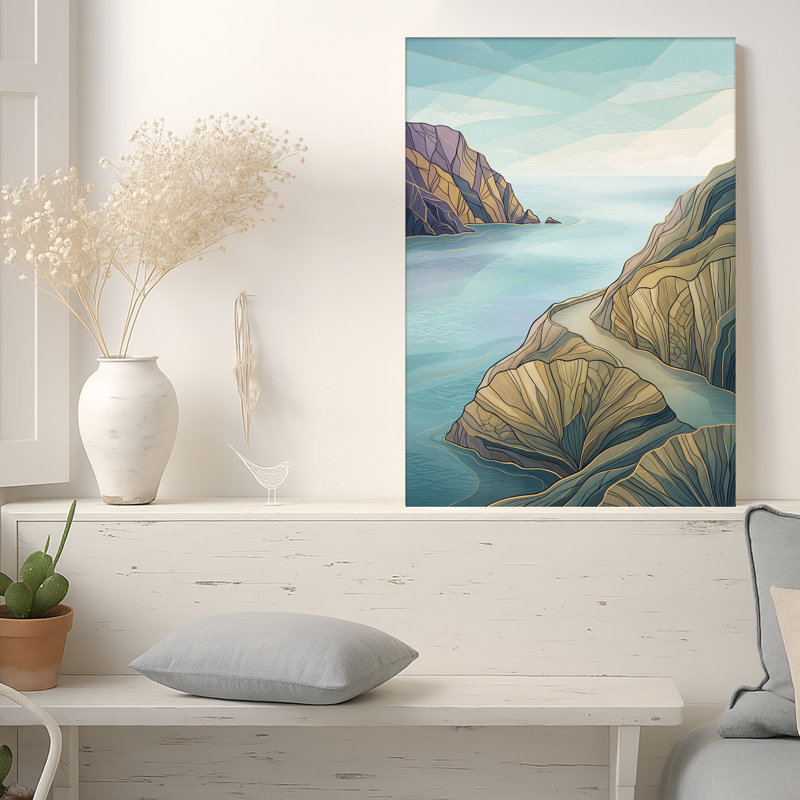 Art mural sur toile géométrique "Rocky Coastline" en bleu sarcelle et doré, 24"H x 16"W