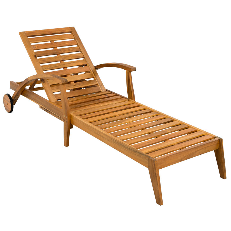 Chaise longue à roulettes pour l'extérieur en bois, coussin blanc de 2 pouces, support de 800 lb, conception peu encombrante de couleur crème réglable à 4 positions, finition résistante aux intempéries