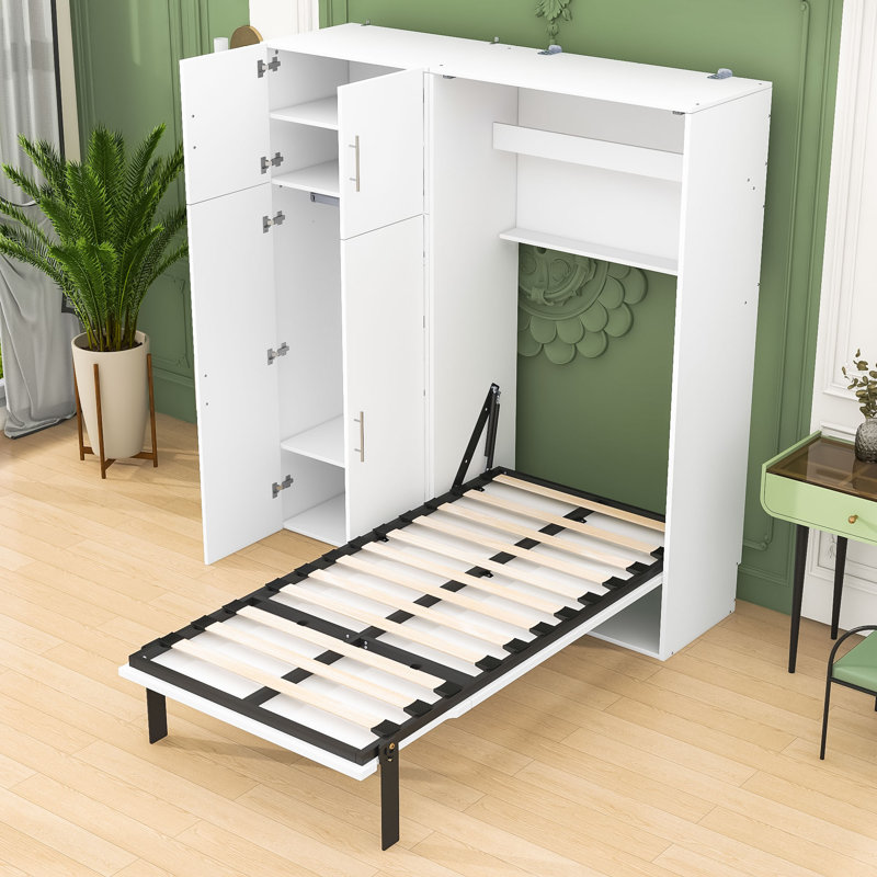 Murphy Bed with Wardrobes and Folding Mechanism, Convert into A Cabinet, White, Twin