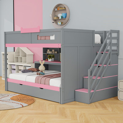 Wooden Bunk Bed with Storage Staircase and LED Lighting and Shelves