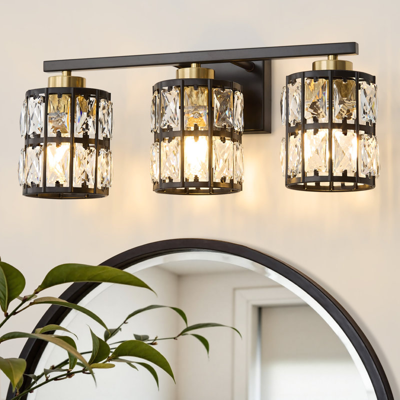 Luminaire de salle de bain à 3 lumières à intensité variable avec abat-jour cylindrique en cristal Arkin, Noir mat / Or