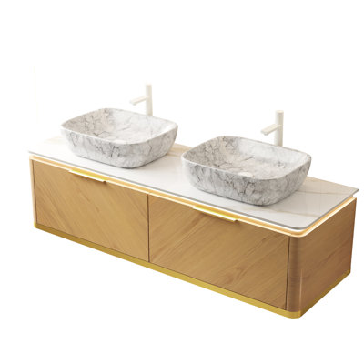 Bathroom Vanity 60" Featuring 2 Marble Pattern Vessel Basins, Sintered Stone Top, Sensor , Soft Close Drawer Slides, High - Quality Multi Layer Plywood Cabinet In Dark Shade With Ceramic Basins White