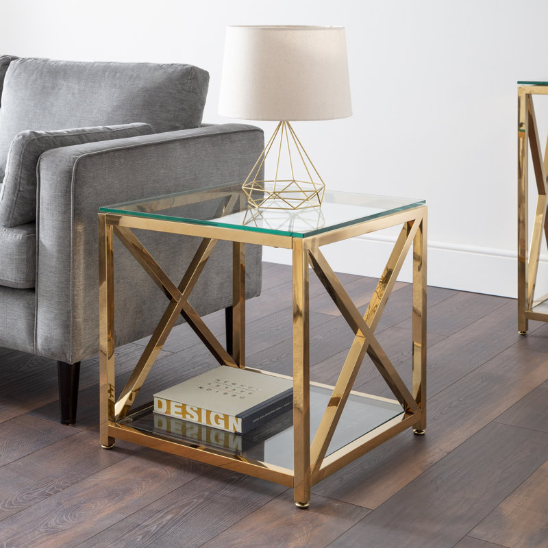 Trueblood Glass Top Floor Shelf End Table, Gold
