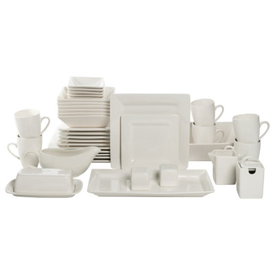 Ten Strawberry Street Nova Square Stoneware 38 Piece Dinnerware Set, Service For 6 In Cream,white