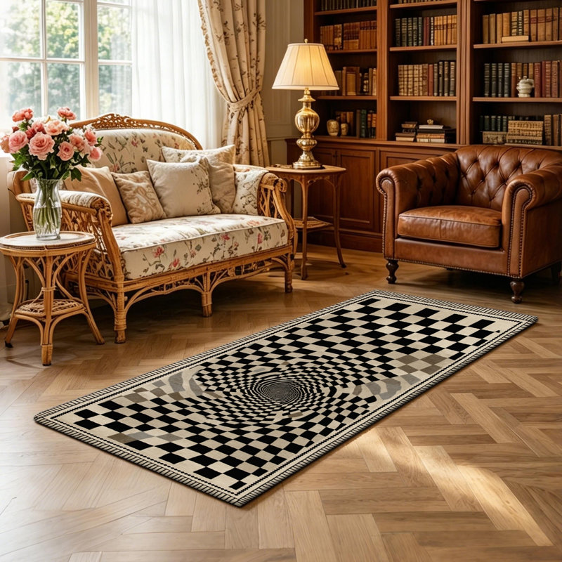 Tapis de couloir de cuisine moderne noir et blanc à motif géométrique antidérapant à motif d'illusion optique 3D pour la cuisine, le couloir et la salle de lavage