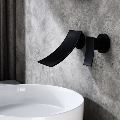 Wall Mount Bathroom Faucet In Matte Black, Wide-Angled Waterfall Spout, Accurate Water Flow And Temperature Control Valve, Accessory Black Mounted With Wide Precise Control, Countertop Space Saver