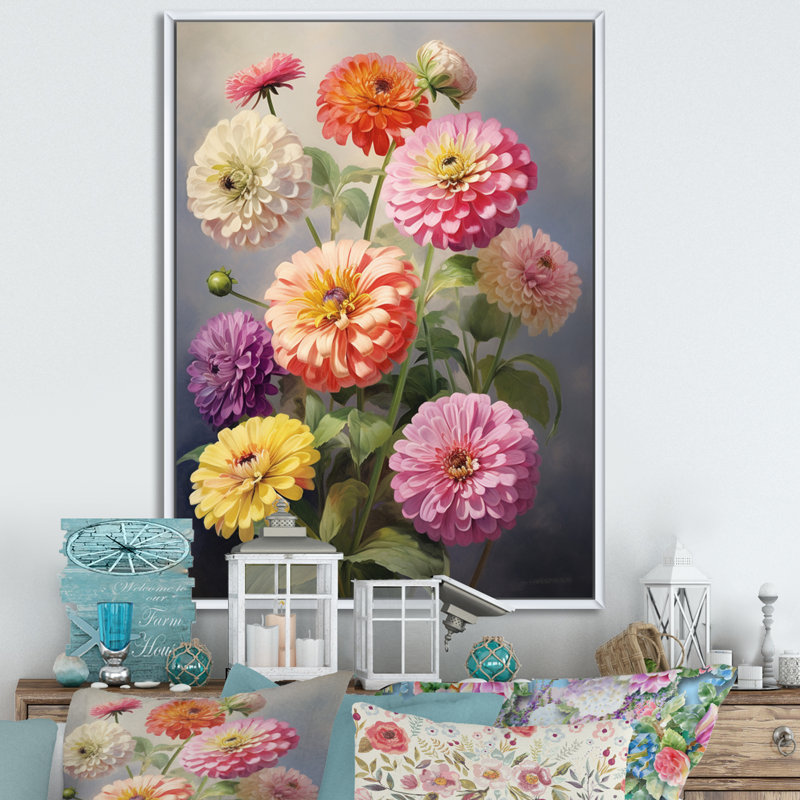 "Colorful Zinnias", impression romantique sur toile encadrée, H 32 po x l 24 po x P 1 po, Cadre flottant blanc