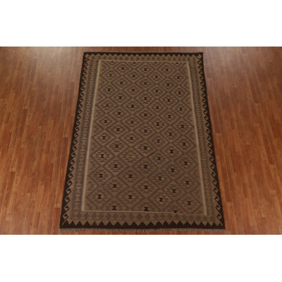 Tapis brun en laine noué à la main de conception unique 6 pi 7 po x 9 pi 5 po New Age