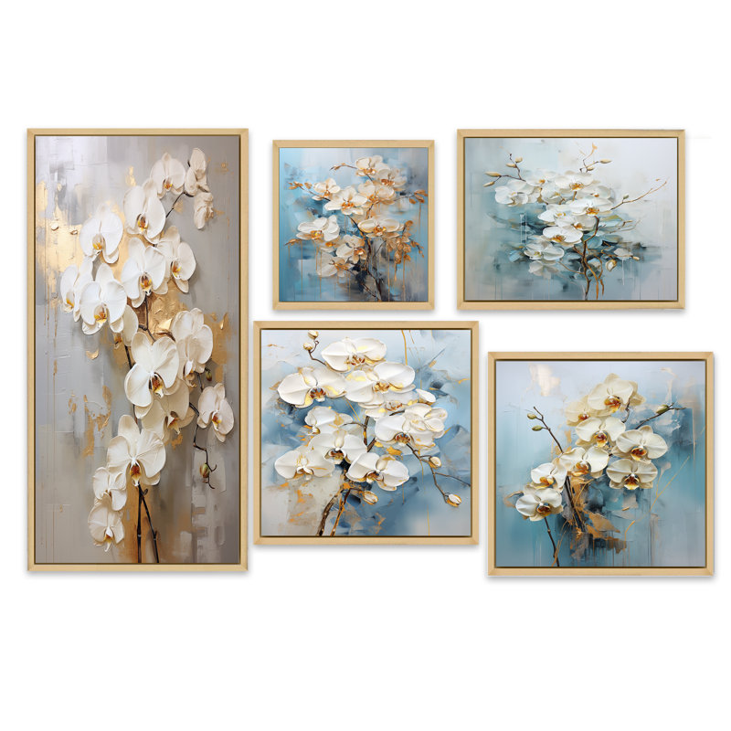 Minimalisme beige et orchidées dorées IV - ensemble de 5 décorations murales orchidées, Cadre flottant brun