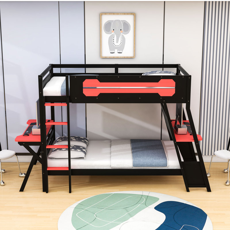 Lit superposé avec ports USB intégrés et panneau perforé, double bureau, Lit superposé simple sur simple, Rouge