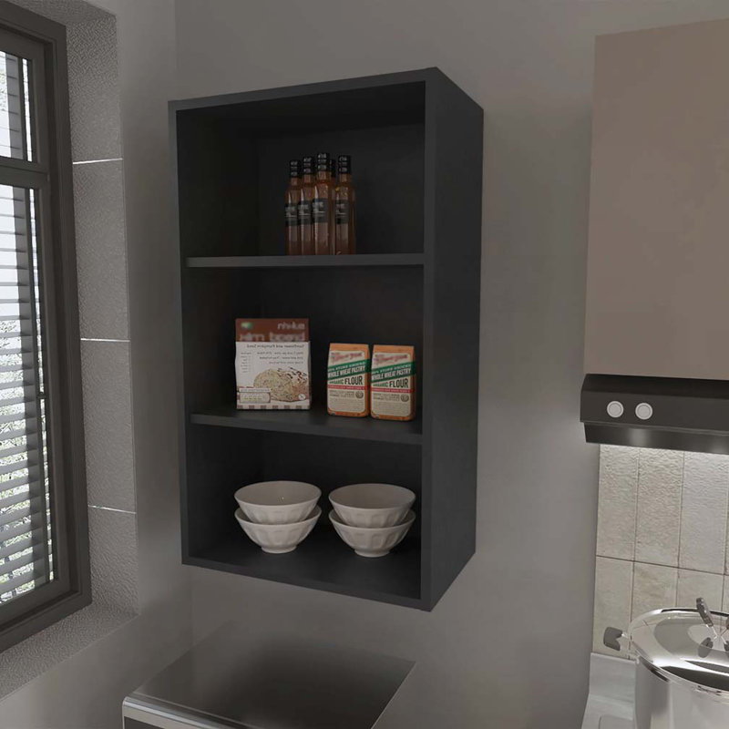 Black Wall Cabinet with Open Storage, Black