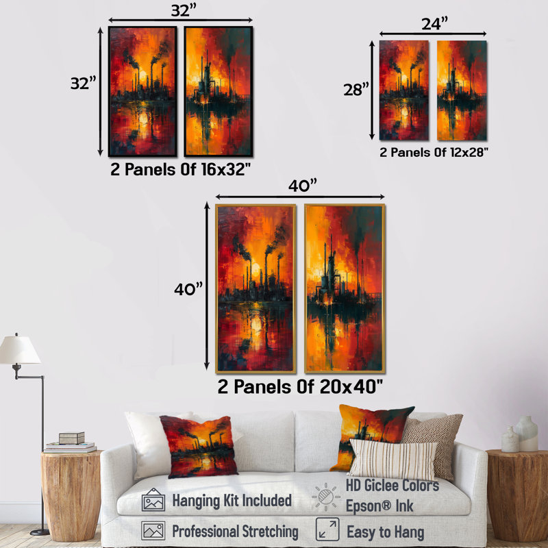 Ensemble de 2 pièces d'art industriel rouge Polution I - usines, Ne s’applique pas, Toile tendue sur cadre, H 28 po x l 24 po