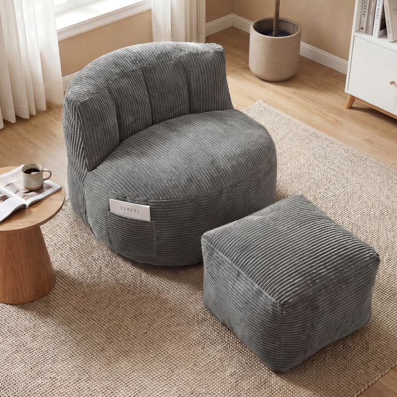 Oversized Adult Bean Bag Chair With Ottoman, Corduroy Fabric Lazy Sofa, Plump Shredded Foam Filled, Soft Fluffy & Portable, Back Support For Napping & Gaming
