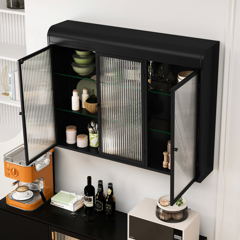 Armoire murale noire avec 3 portes arquées en verre - élégante pour les vestibules, les salles de bain et les cuisines, rangement spacieux, construction, installation manuelle simple, ajout de porte aux salles d'étude, salons