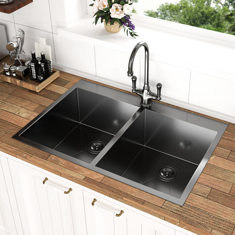 Évier à double cuve en acier inoxydable de calibre 18 de 33 po x 22 po Gunmetal