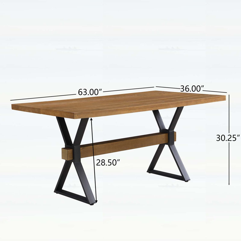 Table de salle à manger avec pieds en forme de X, détails moulés, charme rustique et surface spacieuse pouvant accueillir jusqu'à six personnes, idéale pour un décor de style champêtre ou industriel.