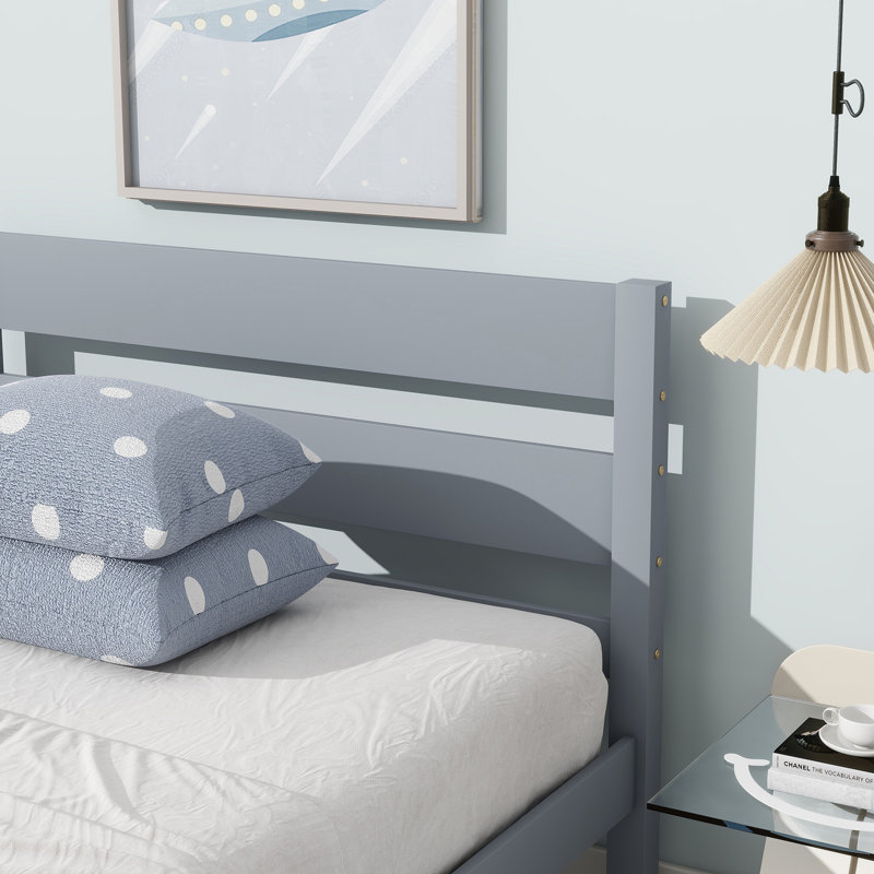 Lit simple avec tête et pied de lit, lit en bois d'hévéa, gris, gris