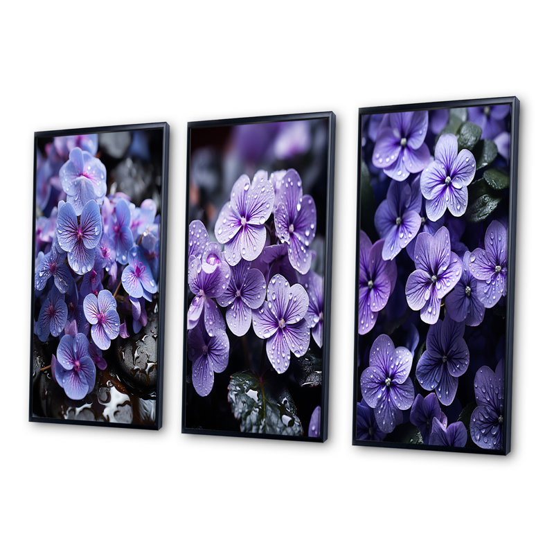 «Violets Whispering Photo», 3 pièces sur toile, Cadre noir, H 20 po x l 36 po