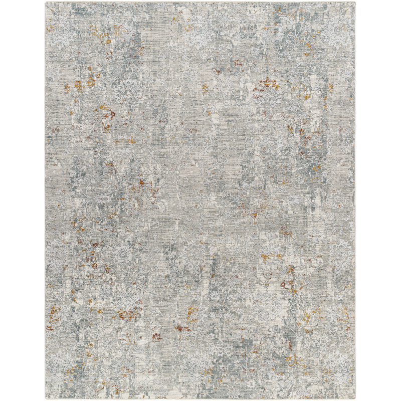 Tapis gris / ivoire / jaune en polyester tissé à la machine Dunsilly, Rond 6 pi 7 po