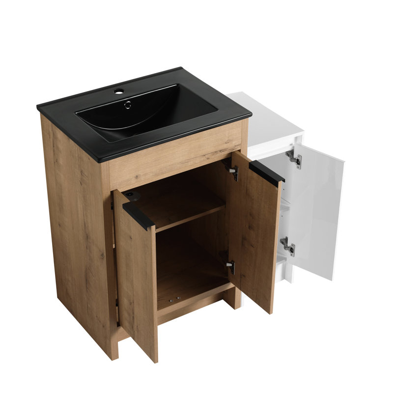 Meuble-lavabo de salle de bain 36 po avec céramique en céramique noire et compartiments de rangement - Porte à fermeture en douceur, fabrication en contreplaqué 36 po