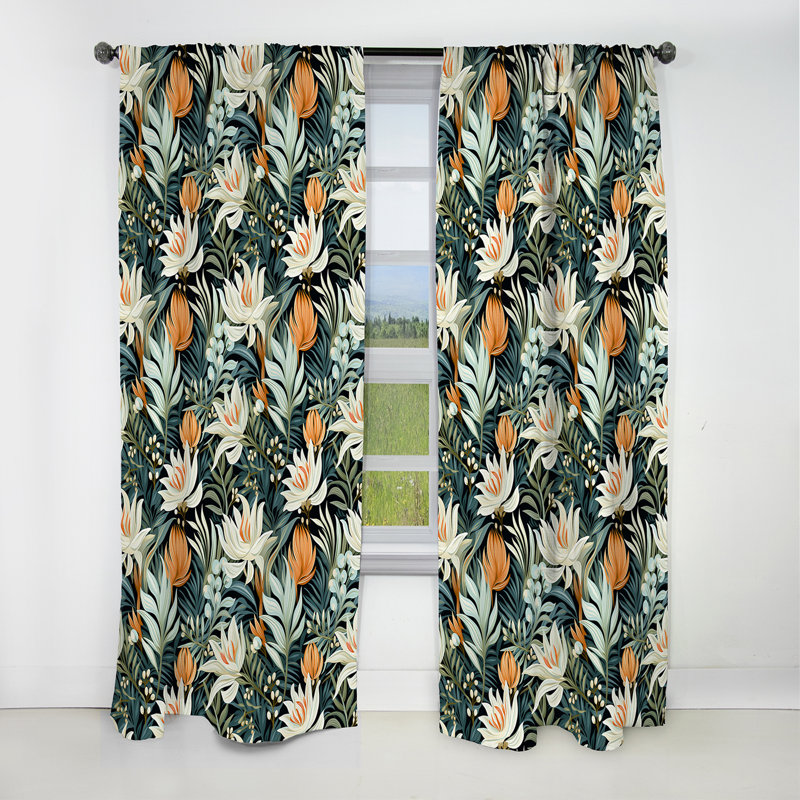 Motif floral vert et orange - Rideau occultant - 1 panneau, L 52 po x L 84 po