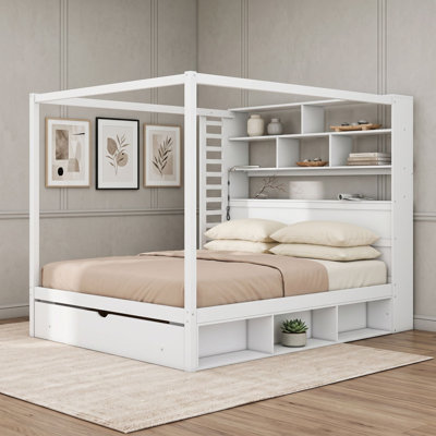 Lit plateforme en bois à baldaquin avec tiroir, bibliothèque intégrée, station de recharge, éclairage DEL, compartiments de rangement et garde-robe réversible.
