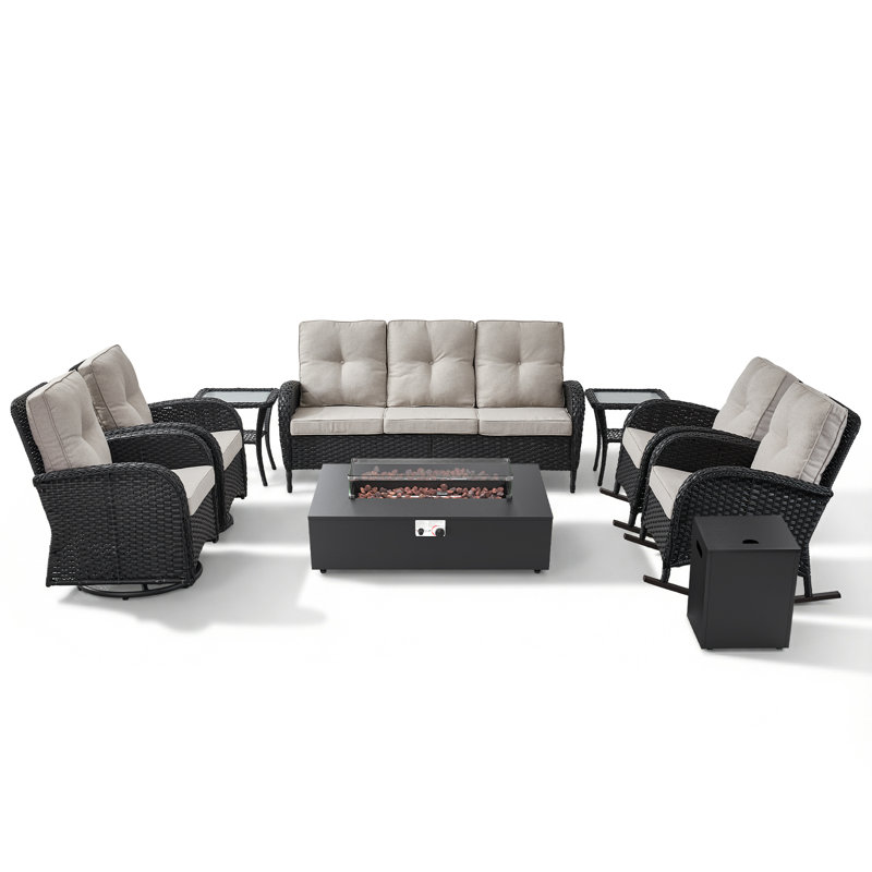 8-Piece Outdoor Wicker Family Gathering Conversation Set With Rocking & Swivel Chairs And Fire Pit Table, Beige, Black
