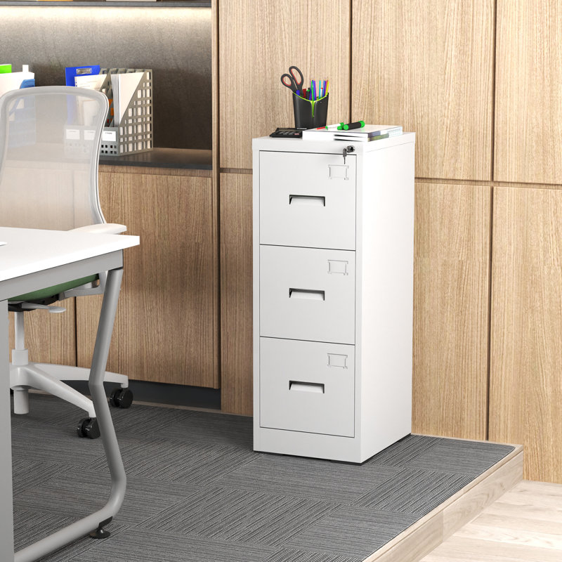 3 Drawer Metal Vertical File Cabinet With Lock And Card Slot Office Home Vertical File Cabinet For A4 Legal/Letter Size Narrow File Cabinet Locked,Assembly Required (White), Cabinet