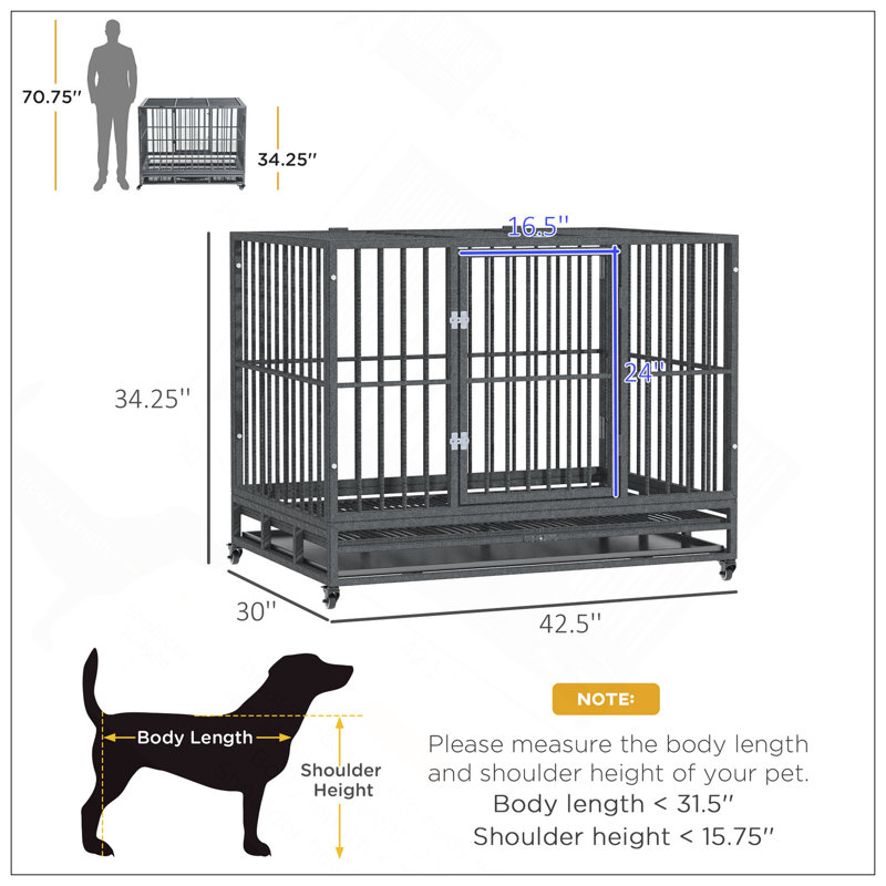 Caisse pour chien robuste en métal avec roues verrouillables, porte double et plateau amovible pour un nettoyage facile, Gris