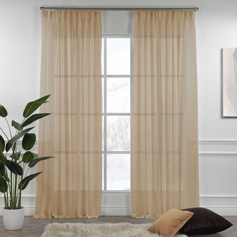Triple Pinch Pleated Extra Long and Extra Wide Faux Linen Sheer Single Panel, Brown, 52" W x 108" L