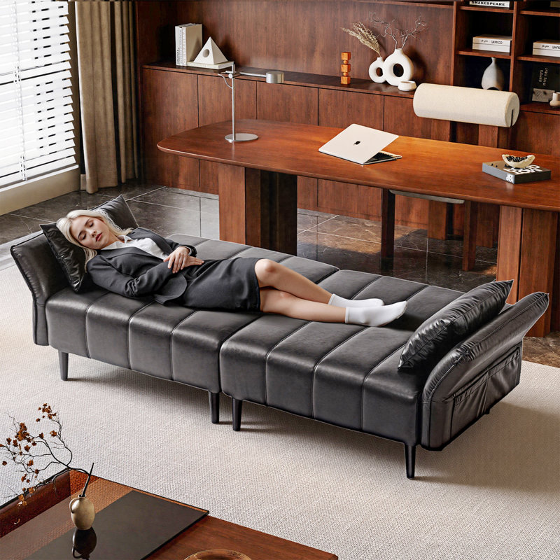 82.7'' Faux Leather Convertible Sofa, Mid Century Modern Leather Futon Sofa Bed with Adjustable Backrest Armrest & Storage Pocket