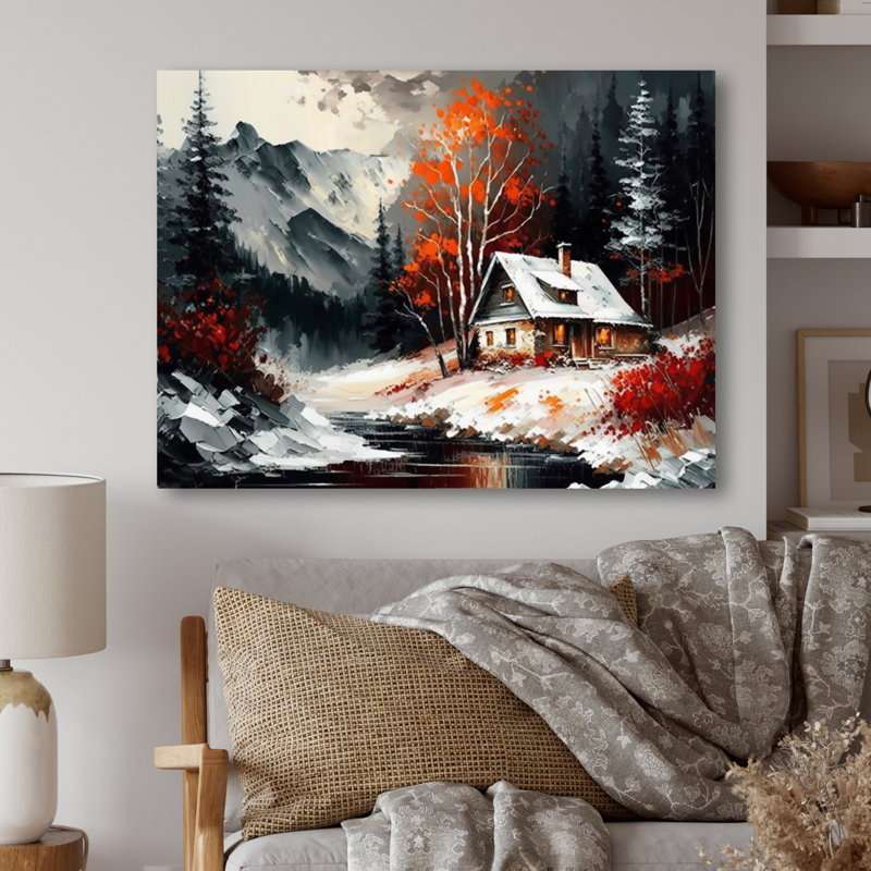 Monochère orange chalet en hiver V - art mural sur toile paysage, H 12 po x l 20 po x P 1 po, Toile tendue