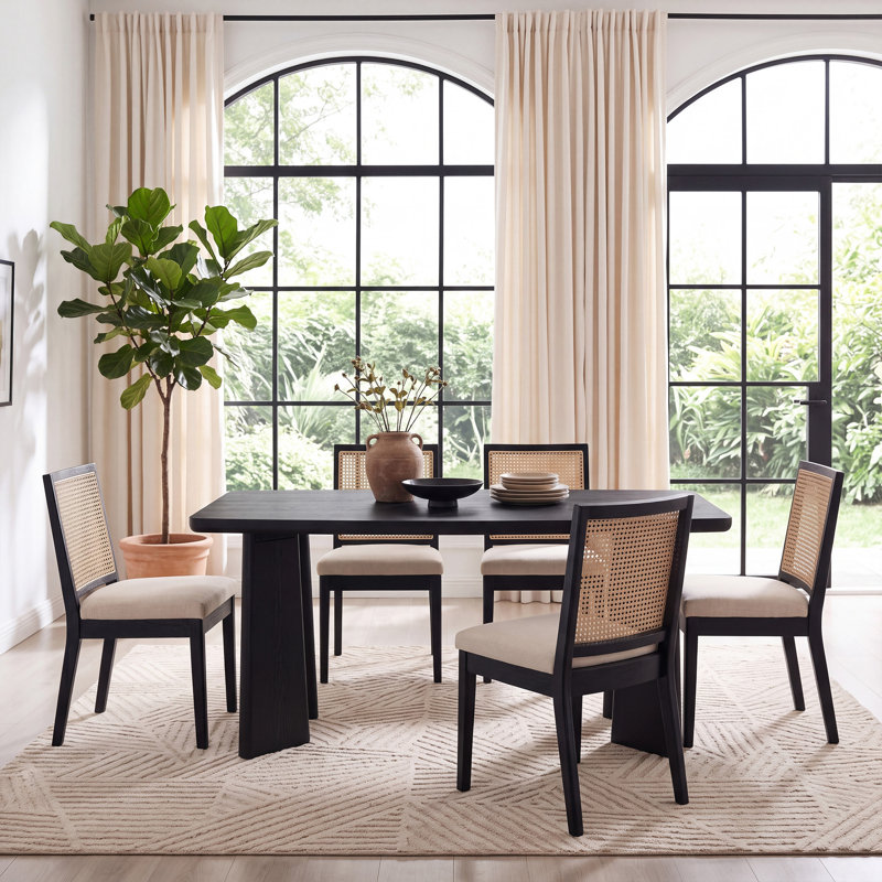 Solid Wood Top Four Leg Base Dining Set, 7 Pieces: Table, 6 Chairs
