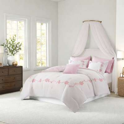 Ensemble de literie rose à motif floral et nœud, ensemble de 6 pièces en microfibre pour lit double/queen pour filles