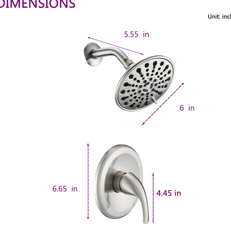 Wall - Mounted 6 Functions Single Handle Shower With Included Valve And Arm, Adjustable Spray Pattern, 360° Joint On Head, Holes For Wipe Off, Brushed Nickel Plastic Product Pattern Faucet Head Via