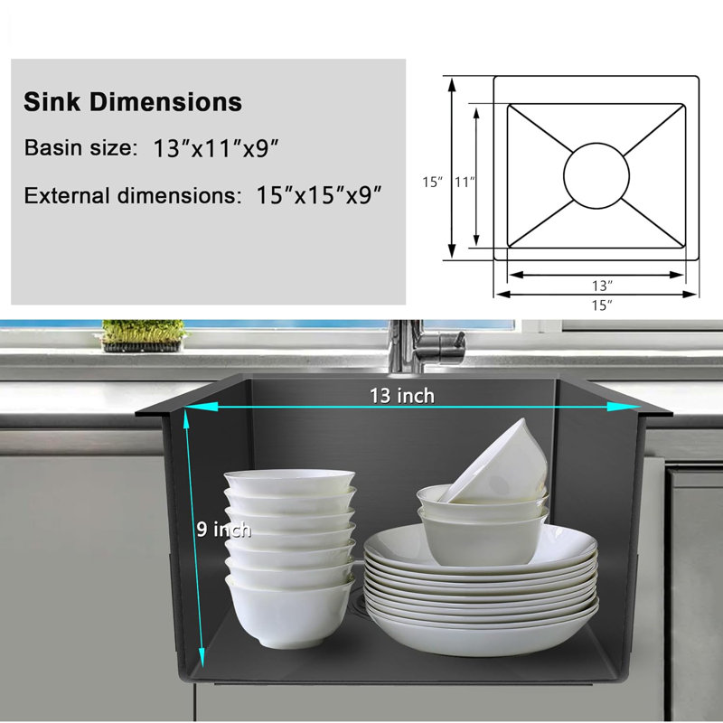 ForKitchen 15'' L Single Bowl Stainless Steel Kitchen Sink, Matte Black