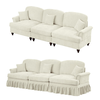 Élégant canapé 3 places Mid-Century élégant avec accoudoirs évasés, jupe plissée à volants amovibles et pieds fuselés - Canapé confortable en chenille pour le salon