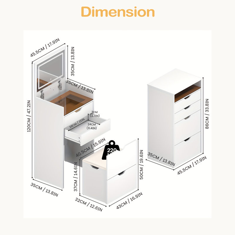 Dressing Table And Stool, 3-In-1 Multifunctional Dressing Table Set, Featuring Three-Color Lighting Modes, HD Mirror, Two Sliding Drawers, And A Hidden Storage Stool