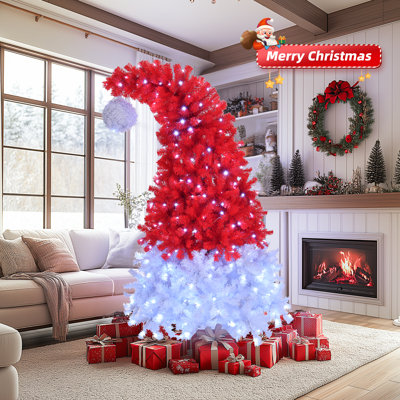 6ft Pre-Lit Bent Top Santa Hat Style Artificial Christmas Tree With 300 LED Lights