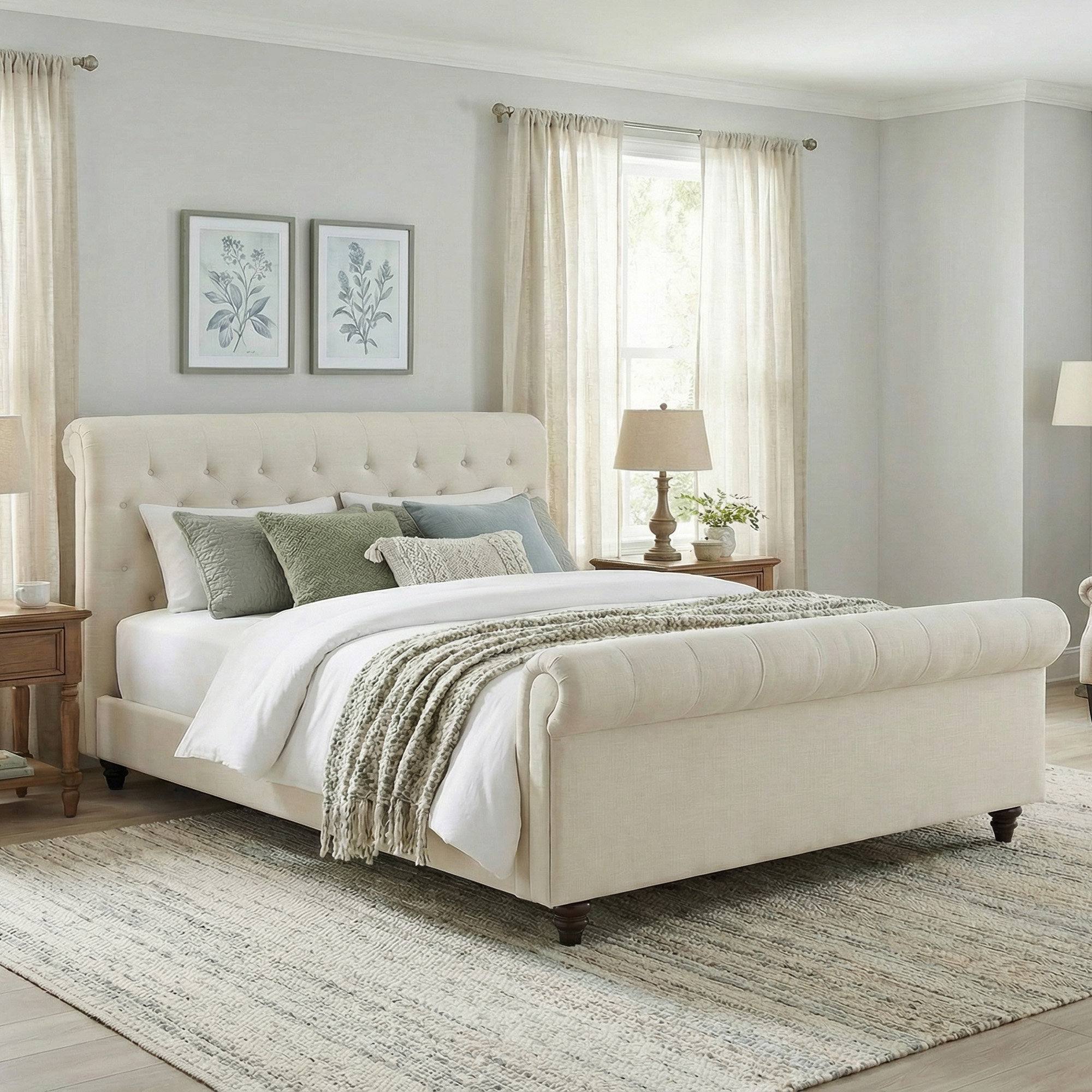 Waverly Rolled-Arm Diamond-Tufted Upholstered Platform Bed with Birch Wood Legs, Effie Linen Performance Linen, King