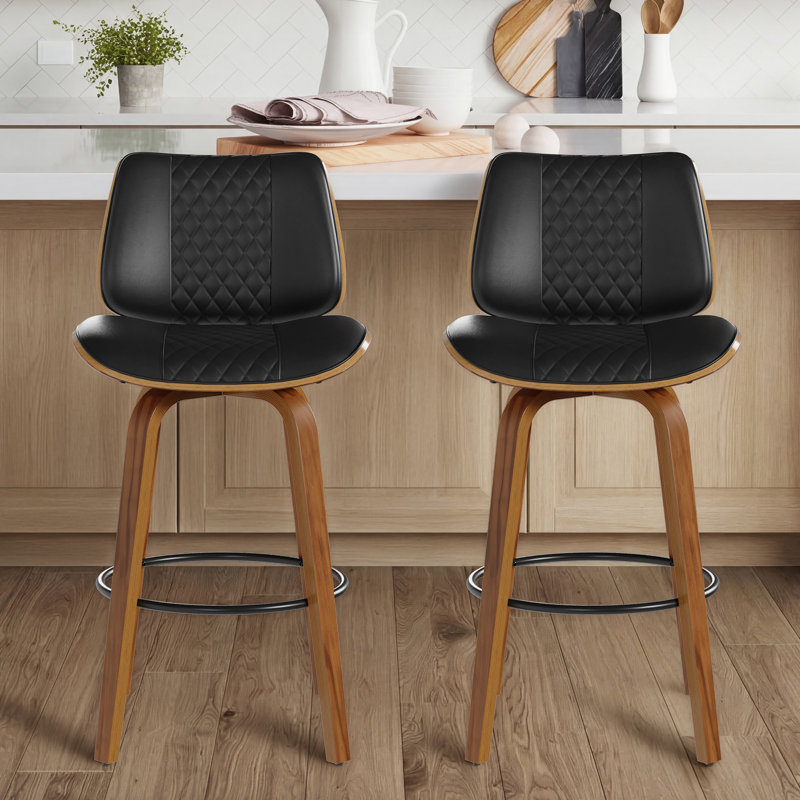 27.7" Mid-Century Faux Leather Counter Stool With Wood Legs and Metal Footrest, Black
