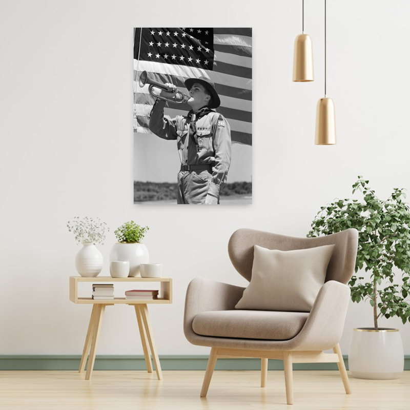 «Boy Scout 1940» jouant du clairon devant un drapeau américain de 48 étoiles, rétro, portrait abstrait, art mural urbain