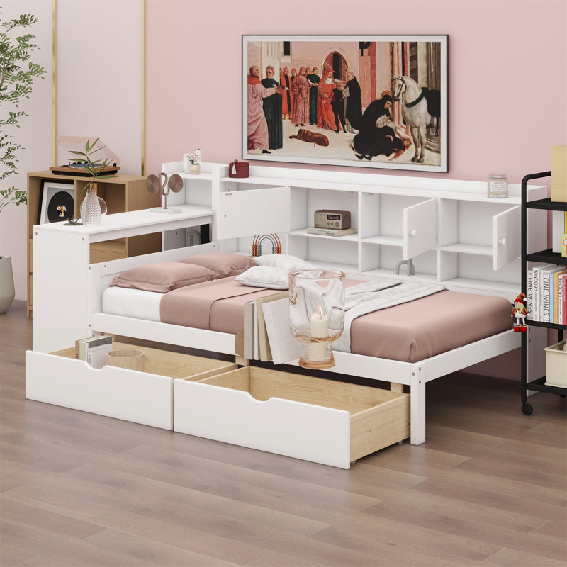 Wooden L-Shape Daybed With Storage Cabinets And Two Storage Drawers, Multi-Functional Bed With Study Desk And Built-In Bookshelf