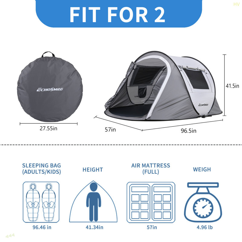 Tente de camping 2 personnes Pop Up, Blanc / Gris