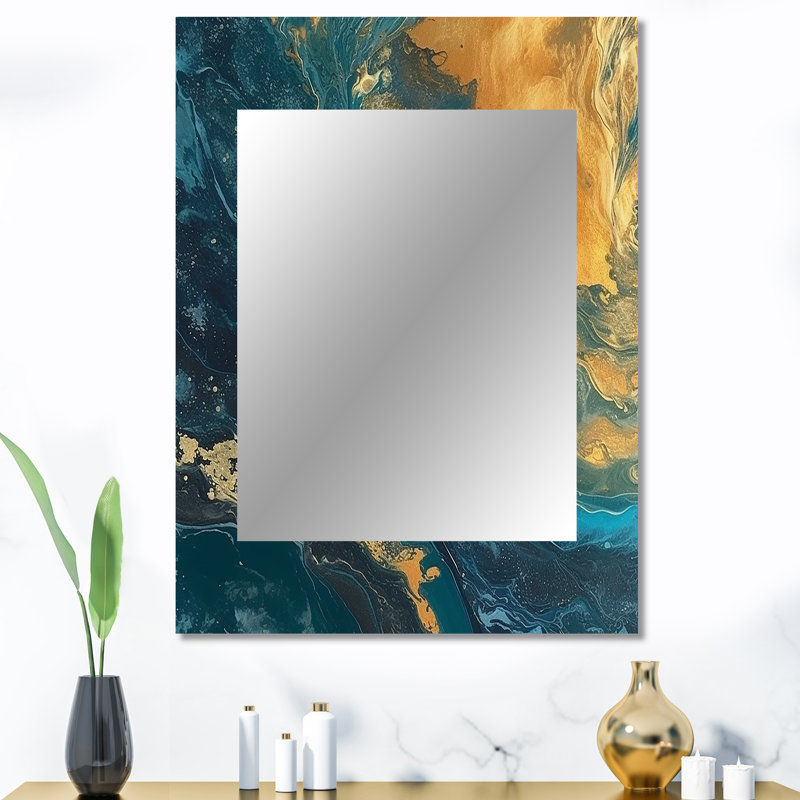 Golden Sunshine en bleu profond océan abstrait III - peinture abstraite unique miroir mural, miroir doré, impression sur métal