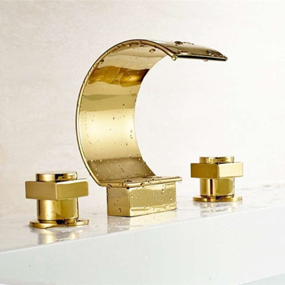 Robinet de baignoire cascade espacé doré poli - Design luxueux à fixation sur le comptoir
